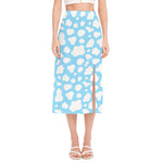 White And Blue Cow Print Side Slit Midi Skirt
