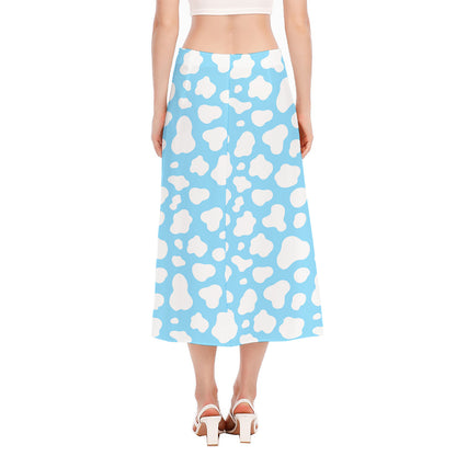 White And Blue Cow Print Side Slit Midi Skirt