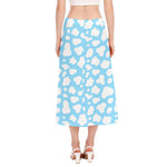 White And Blue Cow Print Side Slit Midi Skirt