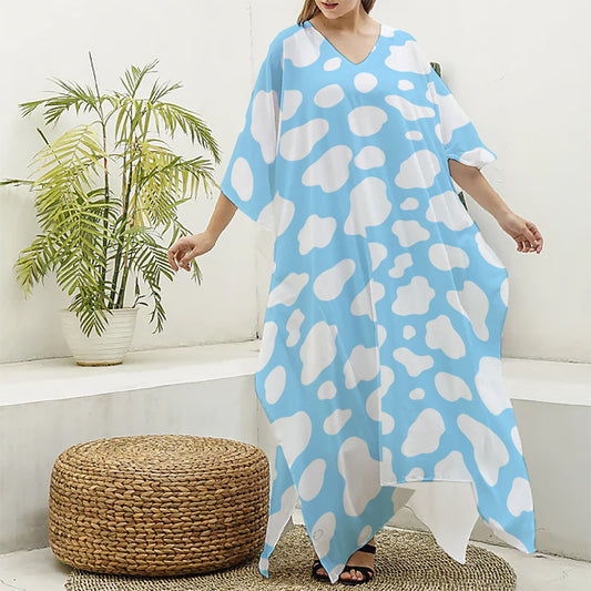 White And Blue Cow Print Silk V-Neck Kaftan Dress