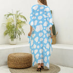 White And Blue Cow Print Silk V-Neck Kaftan Dress