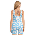 White And Blue Cow Print Sleeveless One Piece Swimsuit