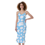 White And Blue Cow Print Slim Fit Midi Cami Dress