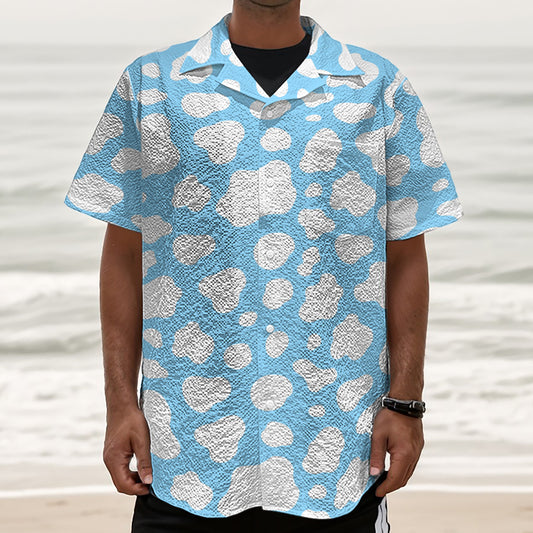 White And Blue Cow Print Textured Short Sleeve Shirt
