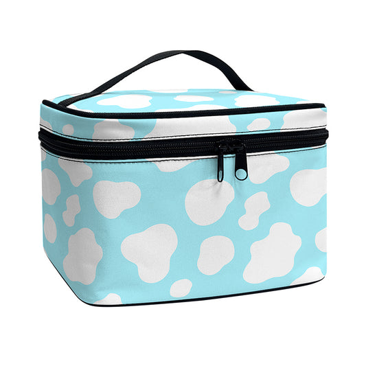 White And Blue Cow Print Travel Makeup Bag