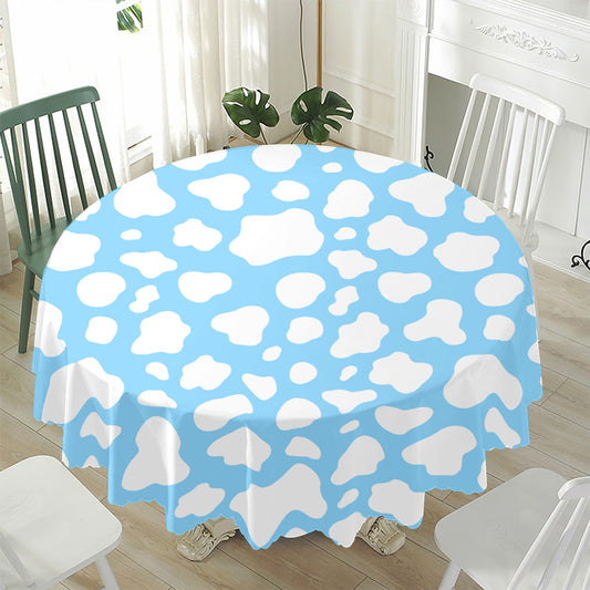 White And Blue Cow Print Waterproof Round Tablecloth