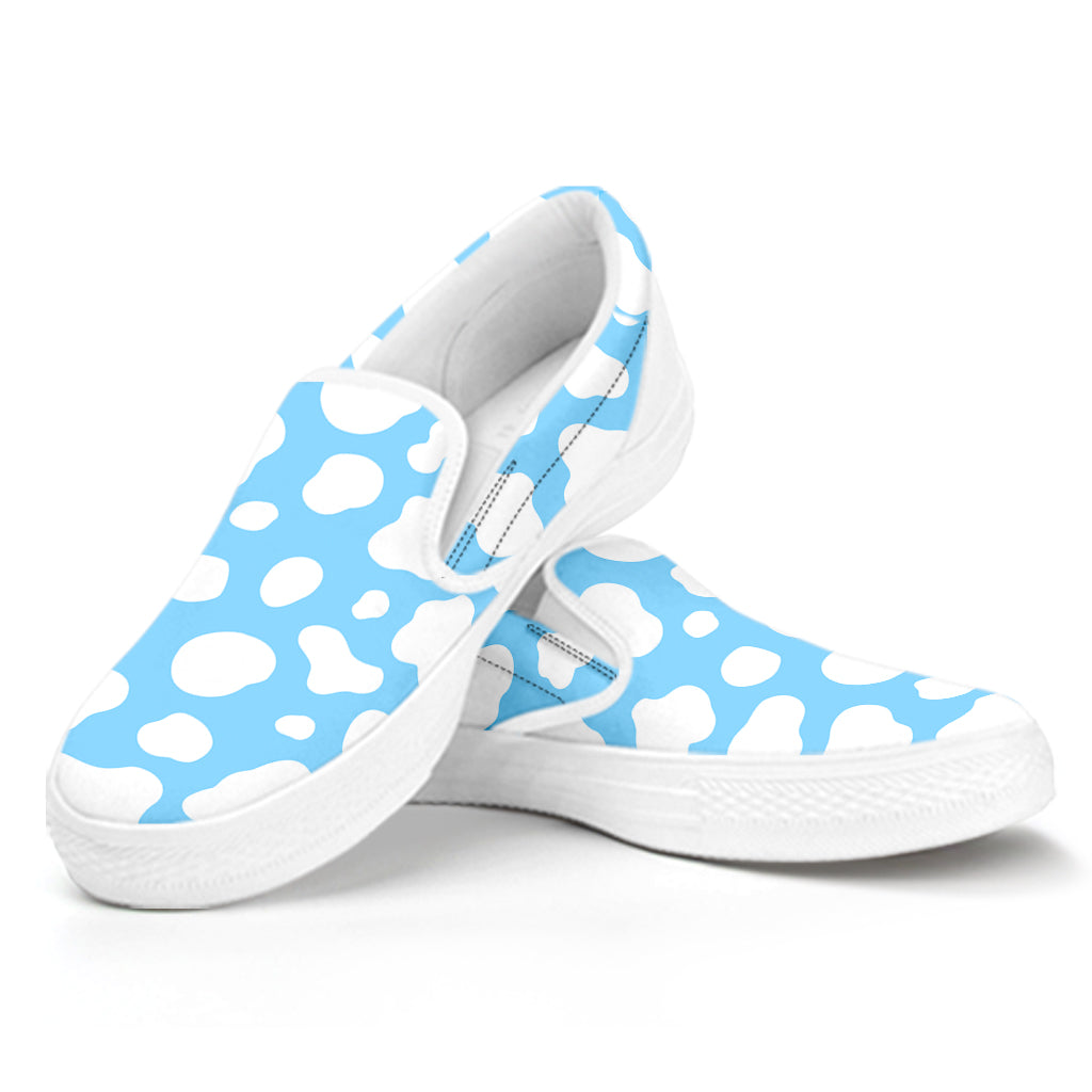 White And Blue Cow Print White Slip On Sneakers