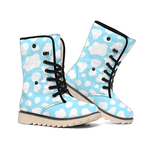 White And Blue Cow Print Winter Boots