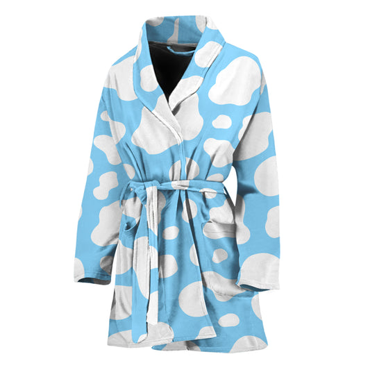White And Blue Cow Print Women's Bathrobe