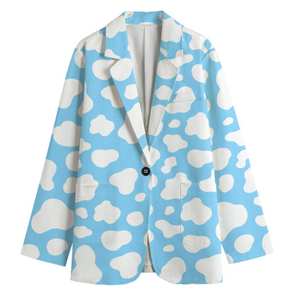 White And Blue Cow Print Women's Blazer