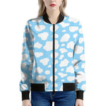 White And Blue Cow Print Women's Bomber Jacket