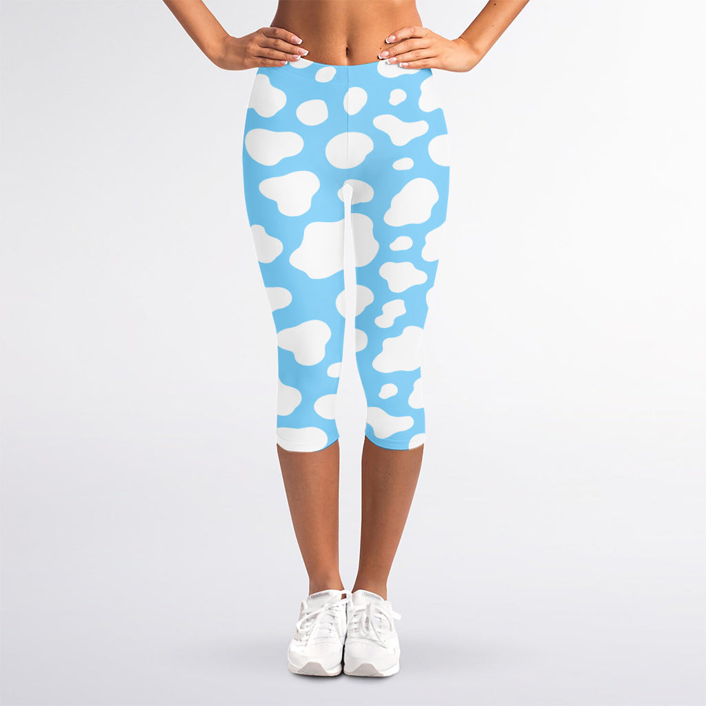 White And Blue Cow Print Women's Capri Leggings