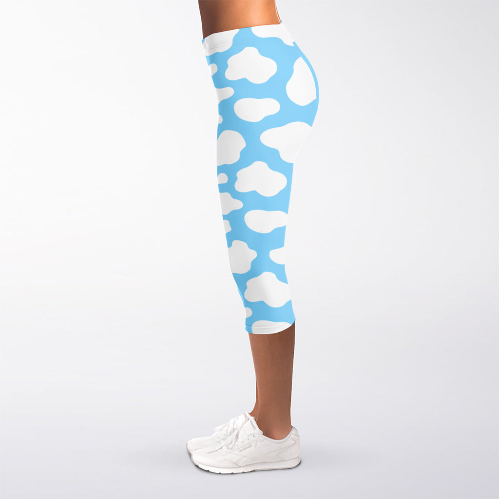 White And Blue Cow Print Women's Capri Leggings