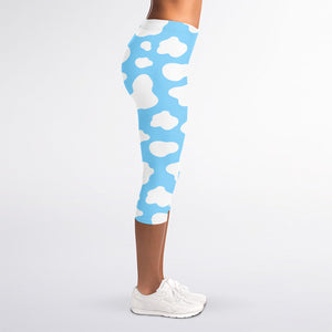 White And Blue Cow Print Women's Capri Leggings