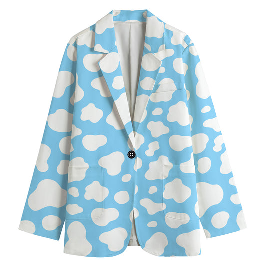 White And Blue Cow Print Women's Cotton Blazer