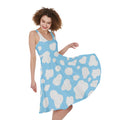 White And Blue Cow Print Sleeveless Knee Length Dress