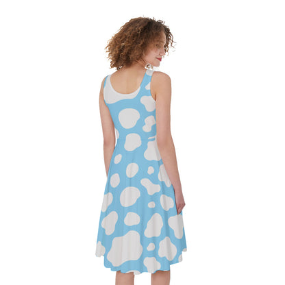 White And Blue Cow Print Women's Sleeveless Dress