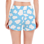 White And Blue Cow Print Women's Split Running Shorts