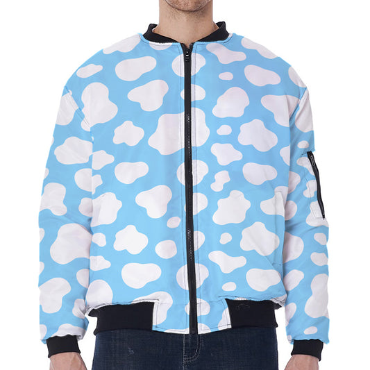 White And Blue Cow Print Zip Sleeve Bomber Jacket