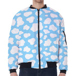 White And Blue Cow Print Zip Sleeve Bomber Jacket