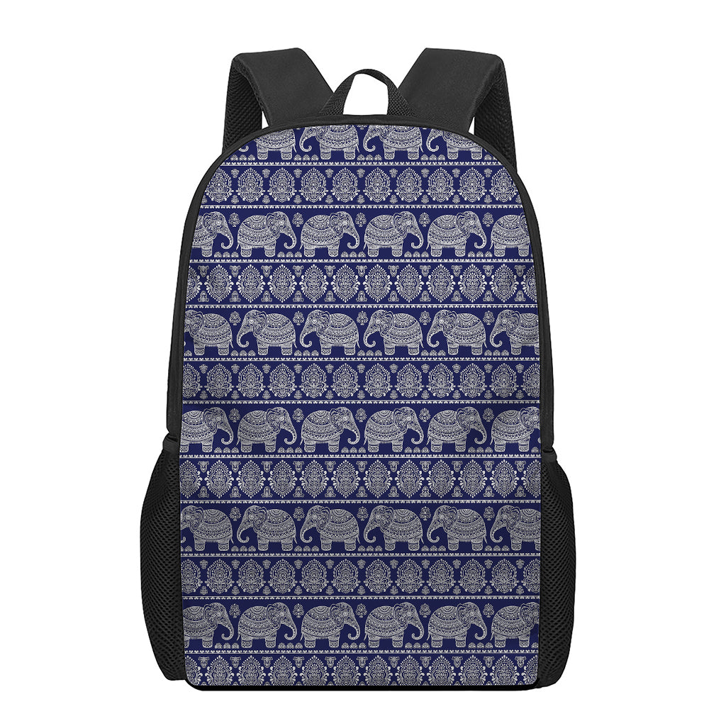 White And Blue Indian Elephant Print 17 Inch Backpack