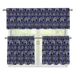 White And Blue Indian Elephant Print 3 Piece Kitchen Curtains