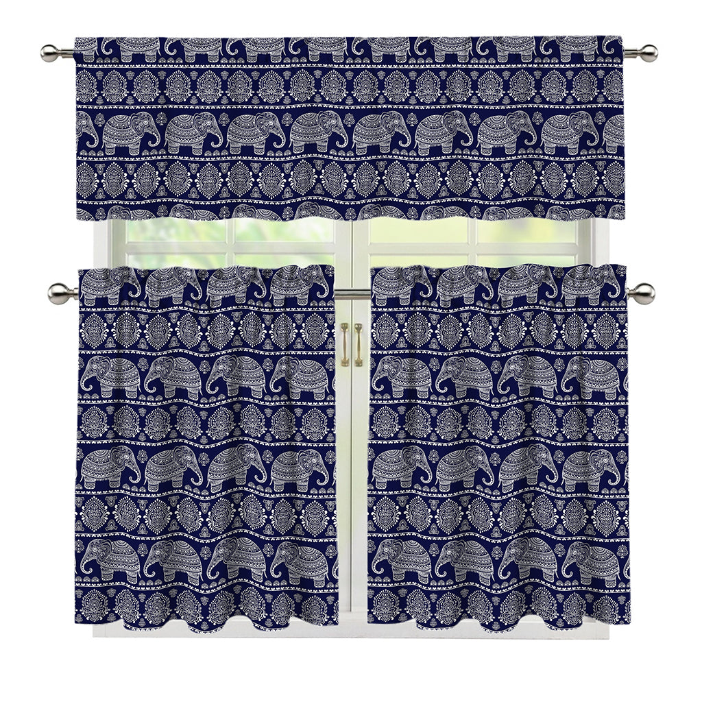 White And Blue Indian Elephant Print 3 Piece Kitchen Curtains