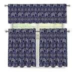 White And Blue Indian Elephant Print 3 Piece Kitchen Curtains