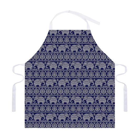 White And Blue Indian Elephant Print Adjustable Apron