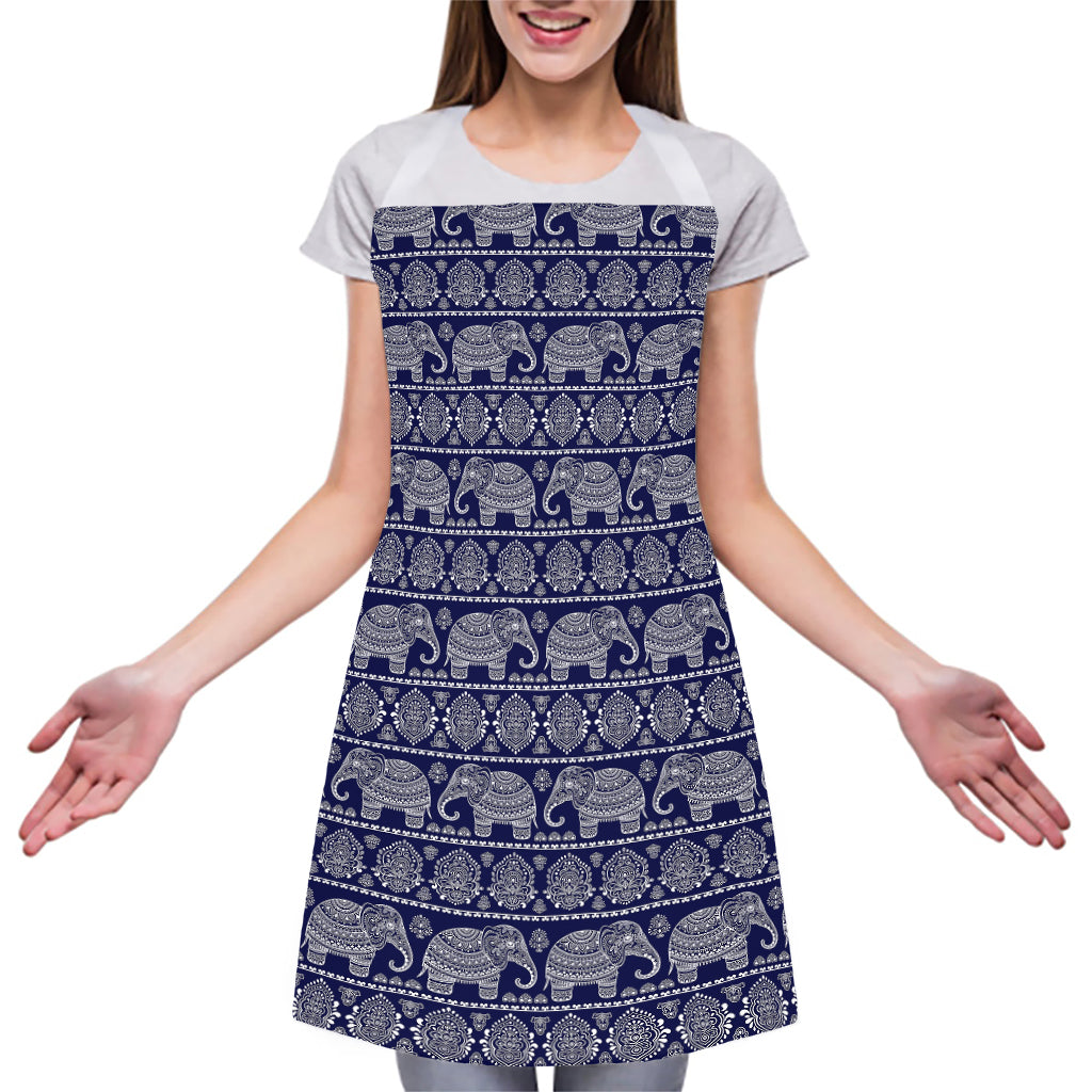 White And Blue Indian Elephant Print Adjustable Apron