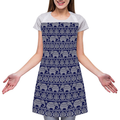 White And Blue Indian Elephant Print Adjustable Apron