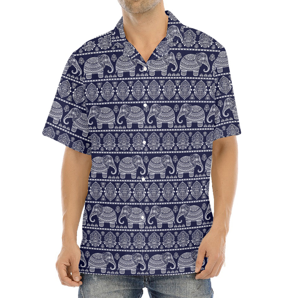 White And Blue Indian Elephant Print Aloha Shirt