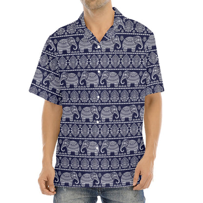 White And Blue Indian Elephant Print Aloha Shirt