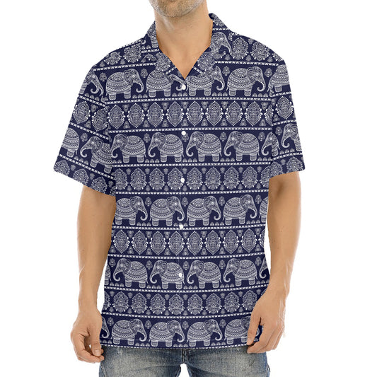 White And Blue Indian Elephant Print Aloha Shirt