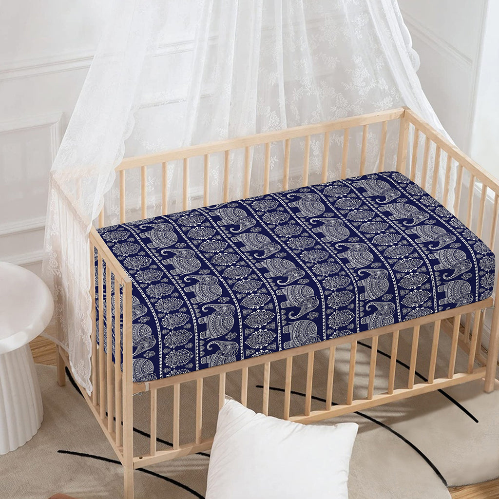 White And Blue Indian Elephant Print Baby Crib Sheet
