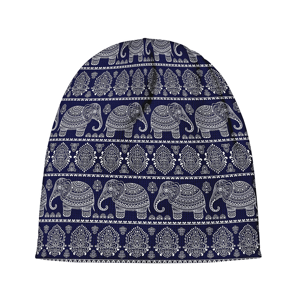 White And Blue Indian Elephant Print Beanie
