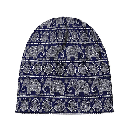 White And Blue Indian Elephant Print Beanie
