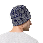 White And Blue Indian Elephant Print Beanie