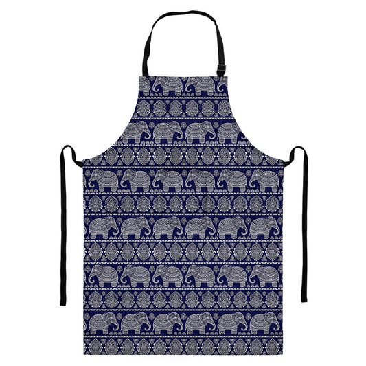 White And Blue Indian Elephant Print Bib Apron With Pocket