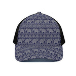 White And Blue Indian Elephant Print Black Mesh Trucker Cap