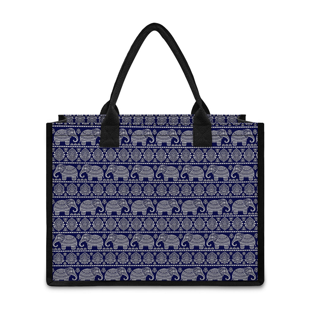 White And Blue Indian Elephant Print Canvas Tote Bag