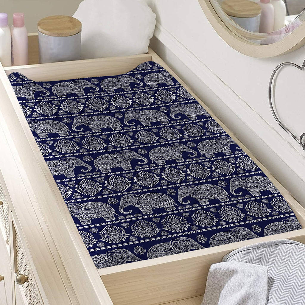 White And Blue Indian Elephant Print Changing Pad Cover