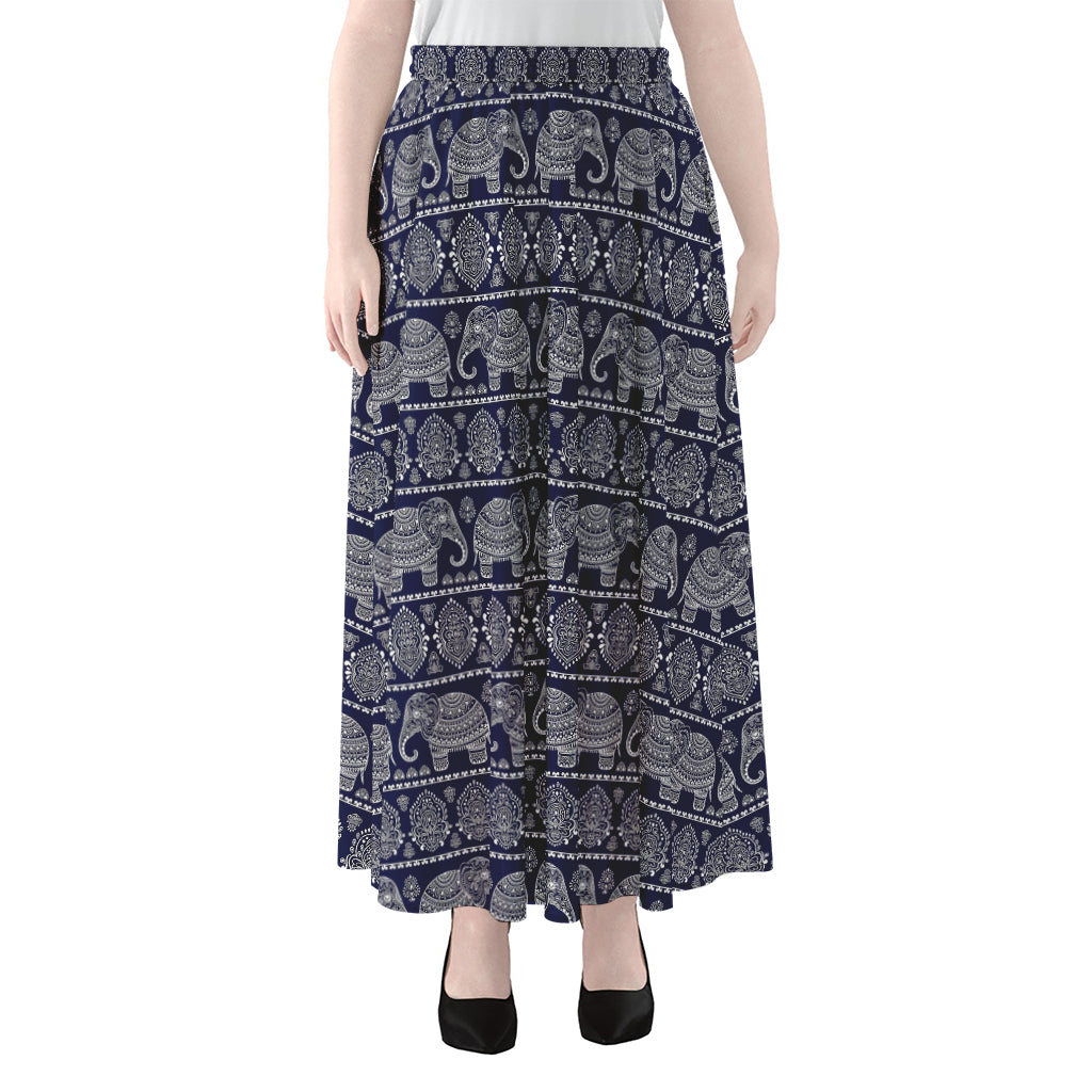 White And Blue Indian Elephant Print Chiffon Maxi Skirt