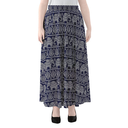 White And Blue Indian Elephant Print Chiffon Maxi Skirt