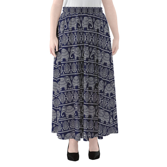 White And Blue Indian Elephant Print Chiffon Maxi Skirt