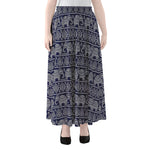 White And Blue Indian Elephant Print Chiffon Maxi Skirt