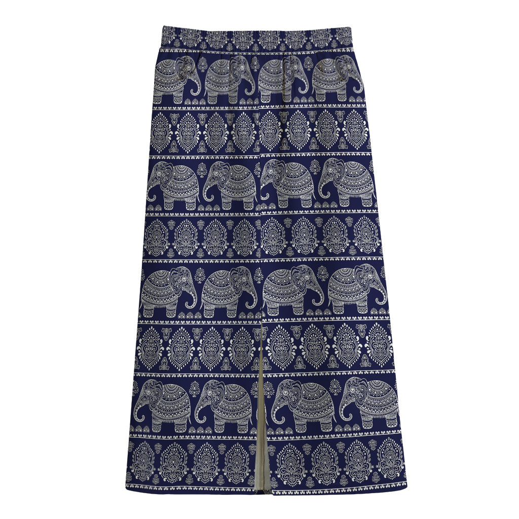 White And Blue Indian Elephant Print Cotton Front Slit Maxi Skirt