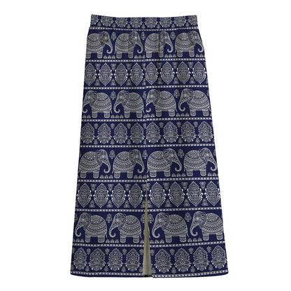 White And Blue Indian Elephant Print Cotton Front Slit Maxi Skirt
