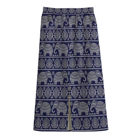 White And Blue Indian Elephant Print Cotton Front Slit Maxi Skirt