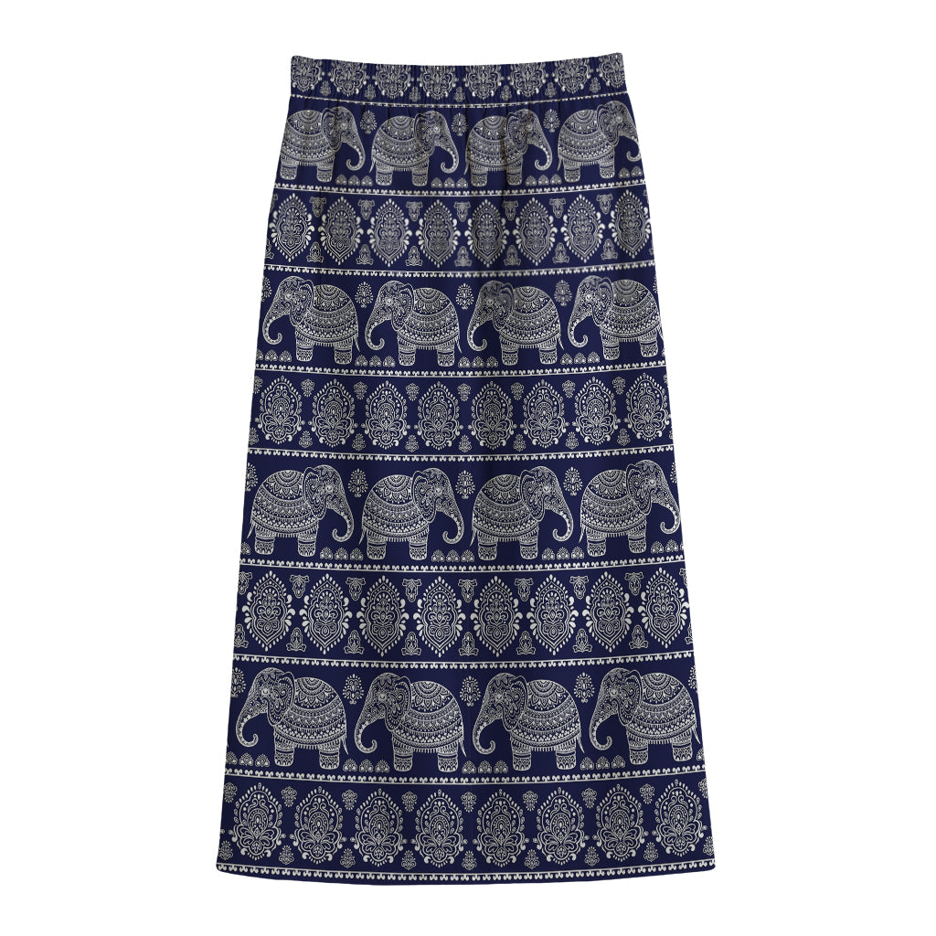 White And Blue Indian Elephant Print Cotton Front Slit Maxi Skirt